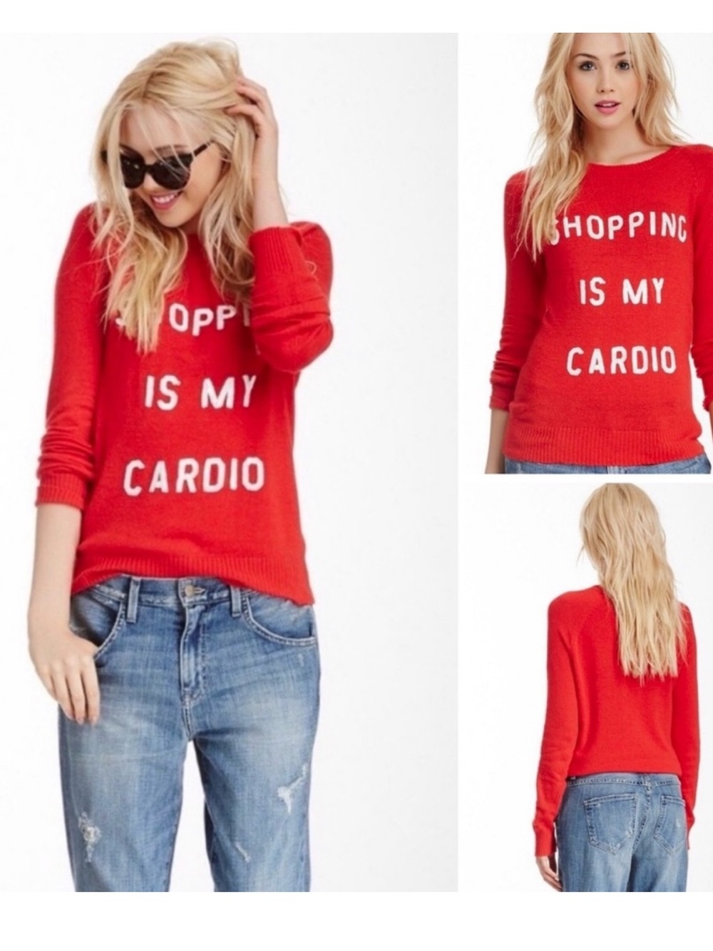 Wildfox Red Crewneck Sweater with 'Shopping Is My Cardio' Text